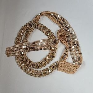 Vintage belt, gold rings, open weave fabric, sequins galore!  Glam!!